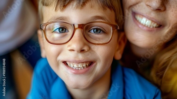 Obraz Autistic boy sharing a moment of happiness with his tutor during therapy, sitting comfortably on her lap, reflecting the warmth and connection in tailored educational support