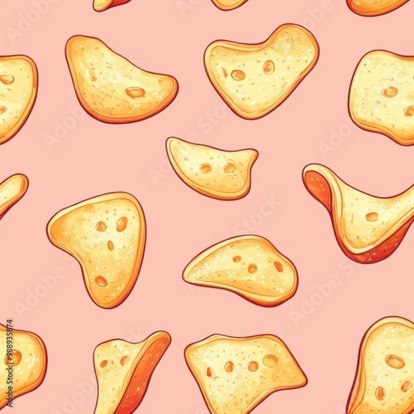 Fototapeta Colorful patterns of crispy snacks against a pastel pink background.