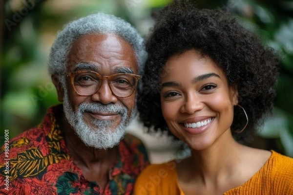 Obraz Happy African American woman walks with her senior father while visiting him at nursing home, Generative AI