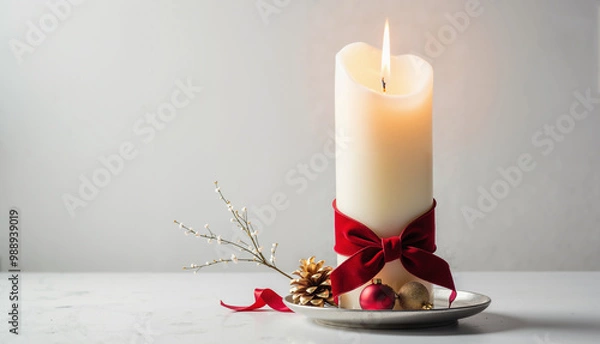Obraz Ivory candle adorned with a deep red velvet ribbon, placed on a marble surface. Minimalist holiday decor perfect for elegant celebrations, gift presentations, or romantic atmospheres.
