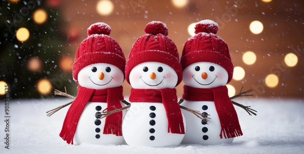 Fototapeta A trio of snowmen wearing red hats and scarves.