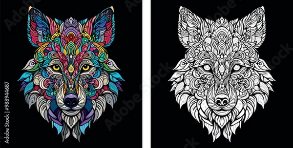 Fototapeta Wolf in mandala style for coloring book, vector illustrations for adults. Anti-stress coloring for adults. Wolf in two versions, colored and white with black background