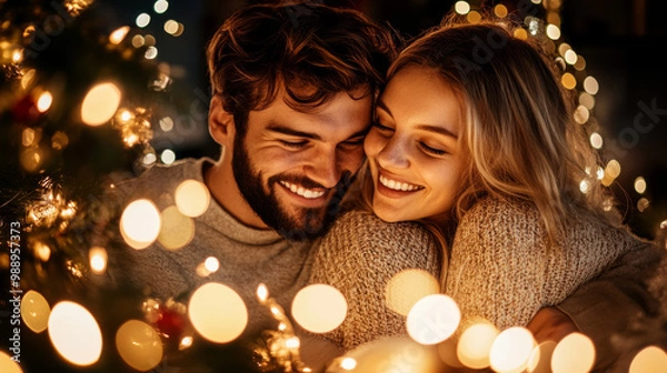 Fototapeta Cozy couple embracing amidst festive lights, radiating warmth and joy. Their smiles reflect magic of season, creating heartwarming atmosphere filled with love