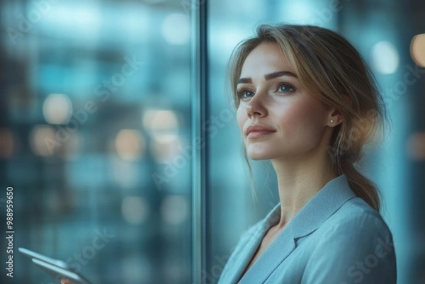 Fototapeta Pensive businesswoman with touchpad looking through window while working in office, Generative AI