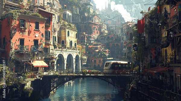 Fototapeta untry, generative ai, landscape, architecture, curtoone, chasny house, background, art nouveau, city, skyline, skyscraper, building, view, panorama, sky, travel, town, cityscape, europe, panoramic, ri