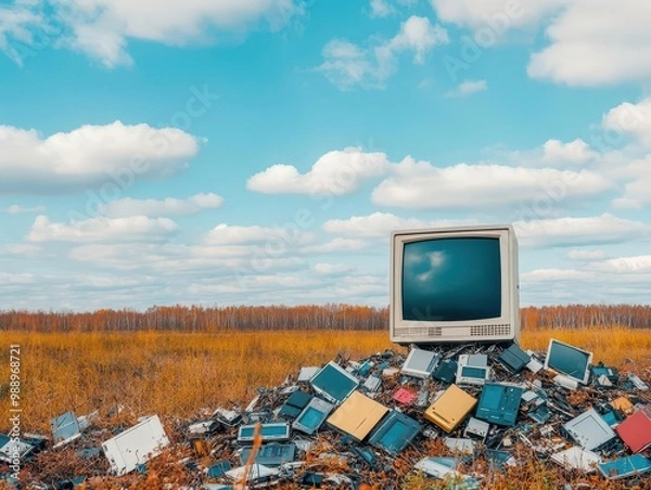 Fototapeta A barren landscape littered with broken electronics, symbolizing the environmental impact of ewaste