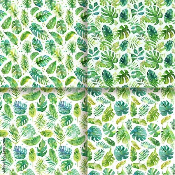 Fototapeta Watercolor Tropical Leaf Seamless Pattern   Green Foliage Background