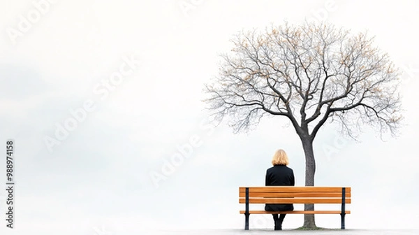 Obraz A woman sits on a bench in front of a tree. The scene is peaceful and serene, with the woman looking out into the distance. The bench is empty, and the tree is bare, giving the impression of a quiet