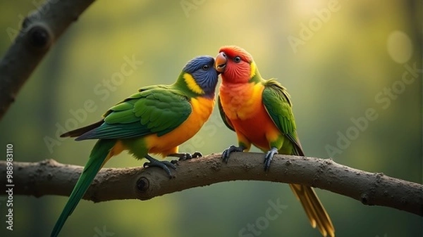 Fototapeta Two colorful parrots are sitting on a branch, one is picking at the other's head with its beak