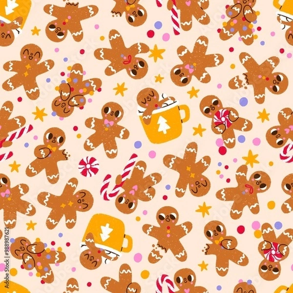 Fototapeta Funny gingerbread man cookies characters with candy in cartoon style, Christmas holiday symbols, seamless pattern illustration