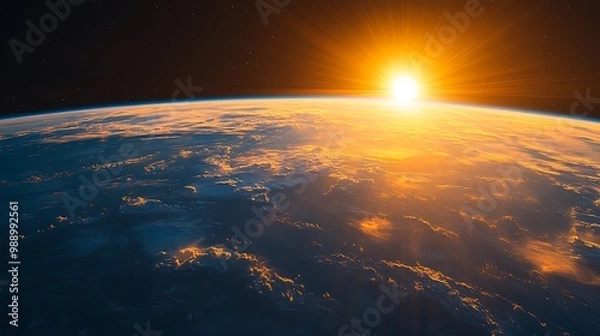 Fototapeta The silhouette of a space station against a bright, rising sun over the horizon of Earth, with long shadows cast across its metallic surface