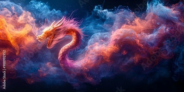 Fototapeta A vibrant, mystical dragon emerges from colorful clouds, showcasing a blend of fiery hues against a dark background.