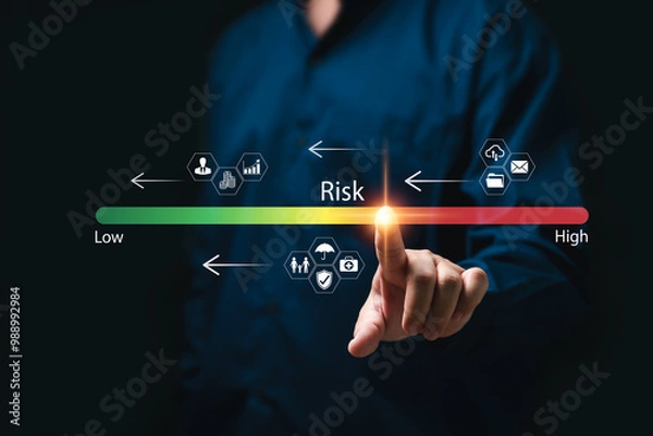 Obraz Risk management and reduction concept, Businessman touch on level bar adjust risk assessment to low-level, Business, Financial, Insurance, Healthcare,  Management control, and strategy, Measure