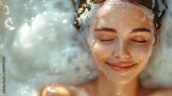 Obraz Beautiful smiling happy woman taking a bath at sunset with bubbles flying around