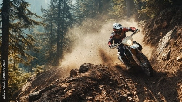Fototapeta A motorcyclist riding up a steep, rocky incline in a forest, surrounded by trees and rugged terrain, with the bike kicking up dirt.