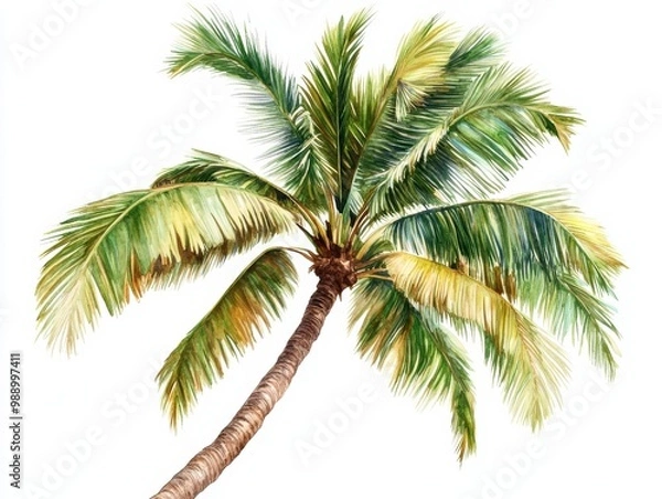 Fototapeta Tropical palm tree with lush green leaves, white isolated background.