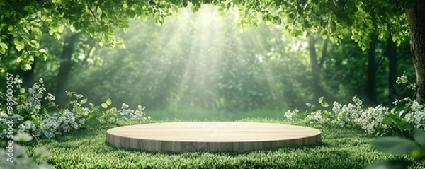 Fototapeta A serene forest scene features a wooden platform surrounded by flowers and illuminated by soft, radiant sunlight streaming through the trees.
