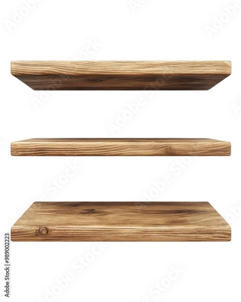 Fototapeta Three wooden shelves with a natural finish on a white isolated background.