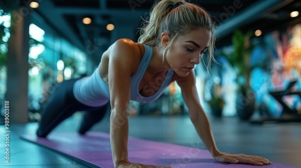 Fototapeta Woman Practicing Push-Ups in Modern Gym Setting