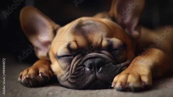 Fototapeta Adorable French Bulldog puppy sleeping peacefully, showcasing its cute wrinkled face and relaxed paws on a soft surface.