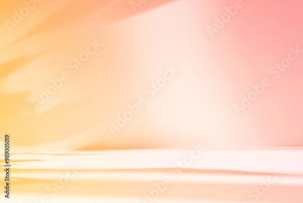 Fototapeta Abstract orange color gradient studio background for product presentation. Empty room with shadows of flowers and plant leaves. 3d pink room with copy space. Summer concept. Blurred backdrop