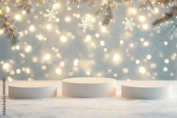 Obraz Smooth Podiums on Snowy Background with Lights