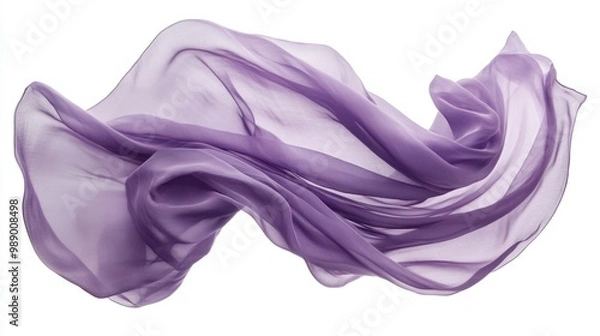 Fototapeta Blowing sheer fabric in soft lavender, gracefully floating in mid-air, isolated on white.