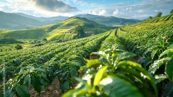 Fototapeta Rows of coffee plants stretching across a hillside, early morning light casting long shadows