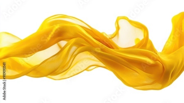 Fototapeta Bright yellow fabric twisting in the air, flowing freely against a pure white backdrop.