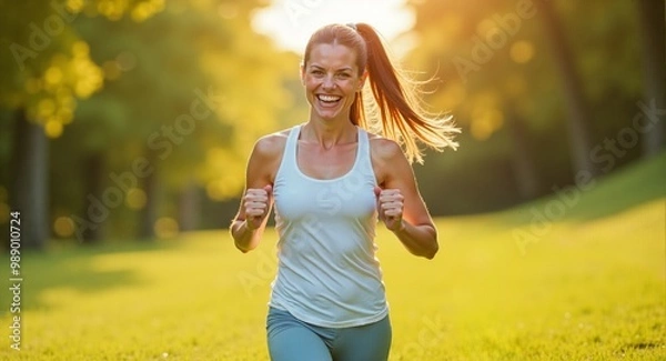 Obraz A young woman is running in the wilderness. Ai Intelligence Generation.
