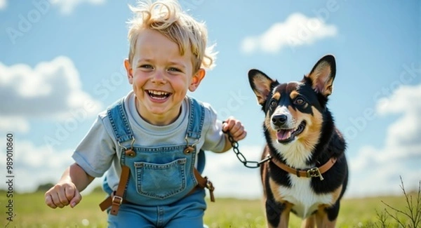 Obraz A boy playing happily in the wilderness with a dog. Ai Intelligence Generation.