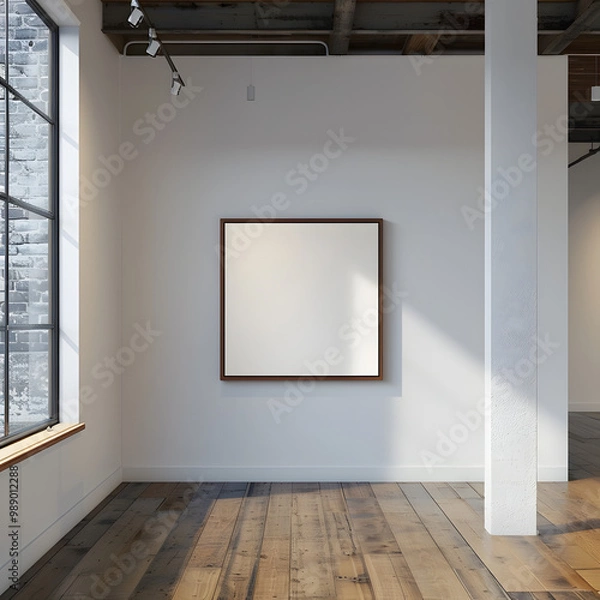 Fototapeta Mockup frame in minimalist interior background. Empty frame with natural sunlight on wall.