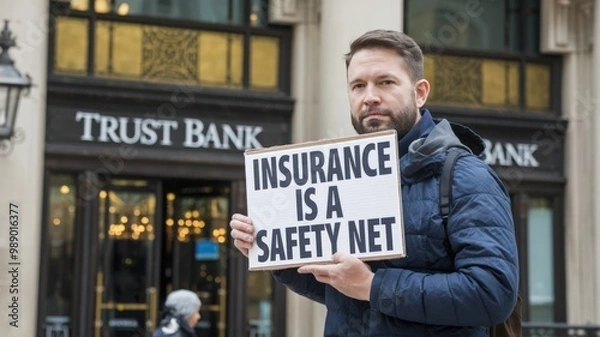 Fototapeta A photo of a man holding a sign that says "Insurance is a safety net". The background contains a building with the text "Trust Bank".