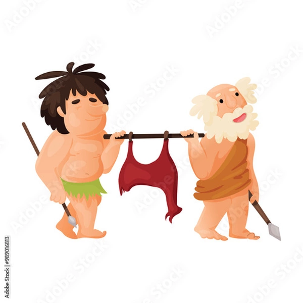Fototapeta A caveman painting rock art, a female Neanderthal in hide clothing painting on a rock. Vector character in cartoon style on white background