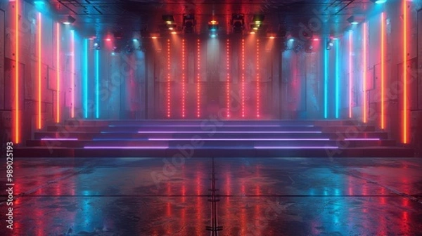 Fototapeta 3d illustration rendering,gaming gamer background abstract wallpaper,cyberpunk style metaverse scifi game, neon glow of stage scene pedestal room 