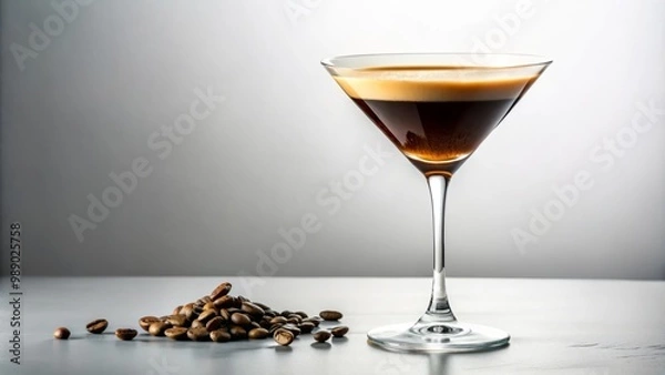 Fototapeta Rich espresso martini glows in a modern glass, garnished with a single coffee bean, basking in soft, golden light, against a pristine white backdrop.