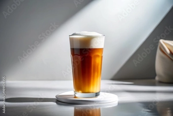 Fototapeta Tumbler filled with cold brew nitro tea and topped with a silky smooth creamy head is positioned on a clean white surface under bright softbox lighting with minimal shadows and subtle highlights.