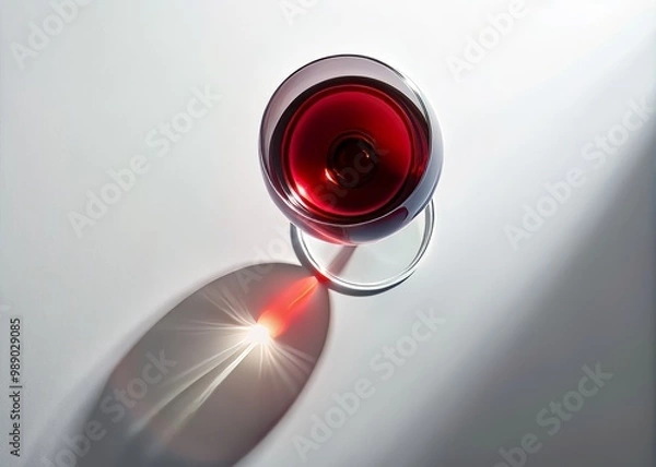 Fototapeta Perspective from directly above subject, wine glass centered, slight shadow underneath, on a pure white background, clean and minimalist.