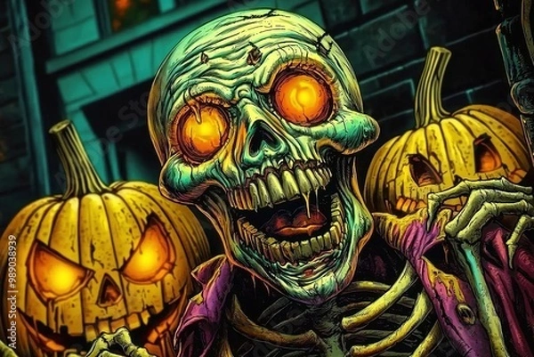 Fototapeta Evil skeletons and Halloween Pumpkins in the city streets. Grunge poster design. Ai generative