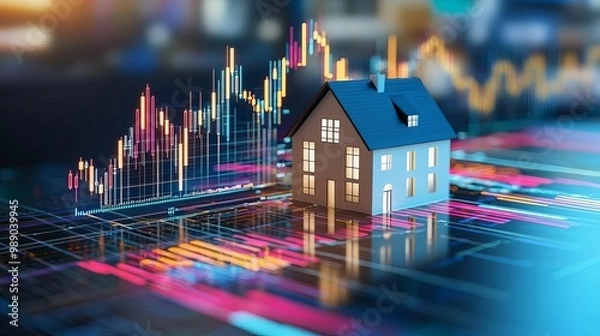 Obraz Model house on digital graph, representing real estate market analysis.