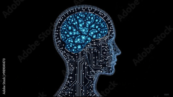 Obraz Digital Brain Hologram Hud. Artificial intelligence AI machine deep learning. Business Technology Internet Network Concept. 3D Illustration