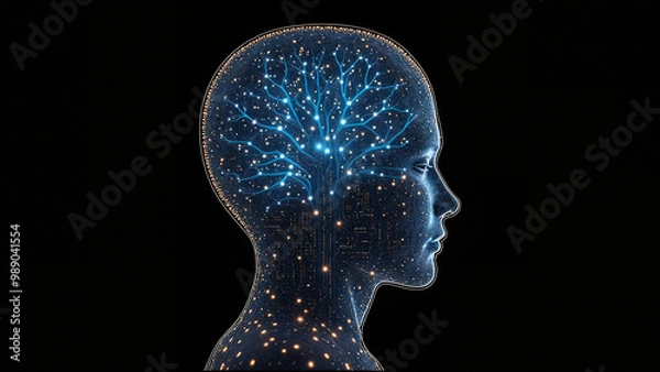 Fototapeta Digital Brain Hologram Hud. Artificial intelligence AI machine deep learning. Business Technology Internet Network Concept. 3D Illustration
