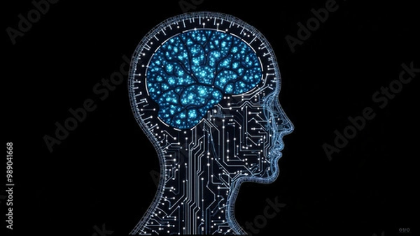 Obraz Digital Brain Hologram Hud. Artificial intelligence AI machine deep learning. Business Technology Internet Network Concept. 3D Illustration