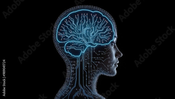 Obraz Digital Brain Hologram Hud. Artificial intelligence AI machine deep learning. Business Technology Internet Network Concept. 3D Illustration