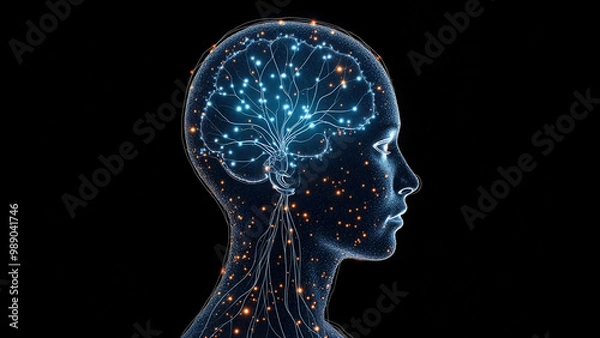 Obraz Digital Brain Hologram Hud. Artificial intelligence AI machine deep learning. Business Technology Internet Network Concept. 3D Illustration