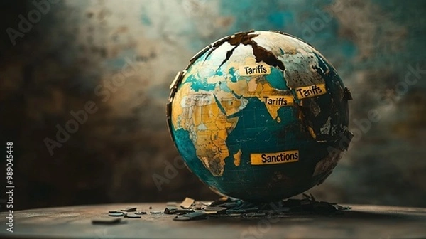 Fototapeta A globe with labels highlighting tariffs and sanctions.