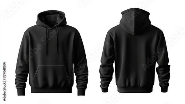 Fototapeta Side-by-side front and back views of a black hoodie, isolated on a white background, perfect for showcasing design ideas.