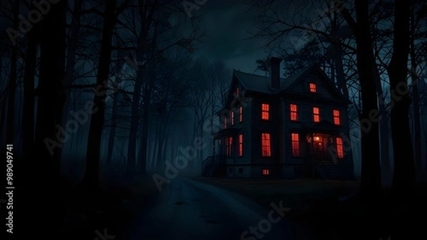 Fototapeta haunted house in the woods, murder mystery story with a dark house at night, the windows have a red glow to them and the creepy darkness extends to a street and a forest, wallpaper