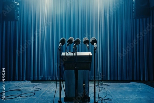 Obraz A podium stands empty with multiple microphones set up, signifying a pending press conference or speech against a backdrop of deep blue curtains.