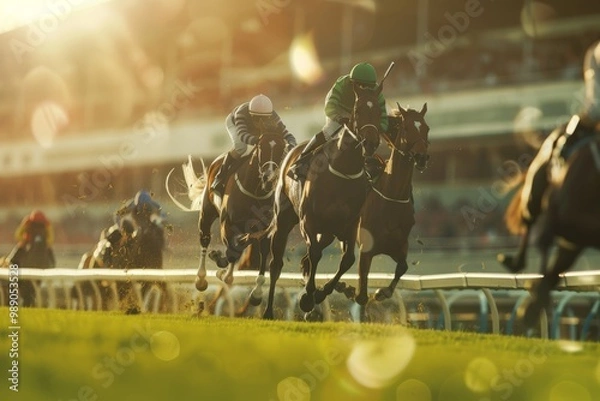 Obraz Sunset-lit horse race showcasing several riders pushing their steeds with determination as they race on a well-maintained track.